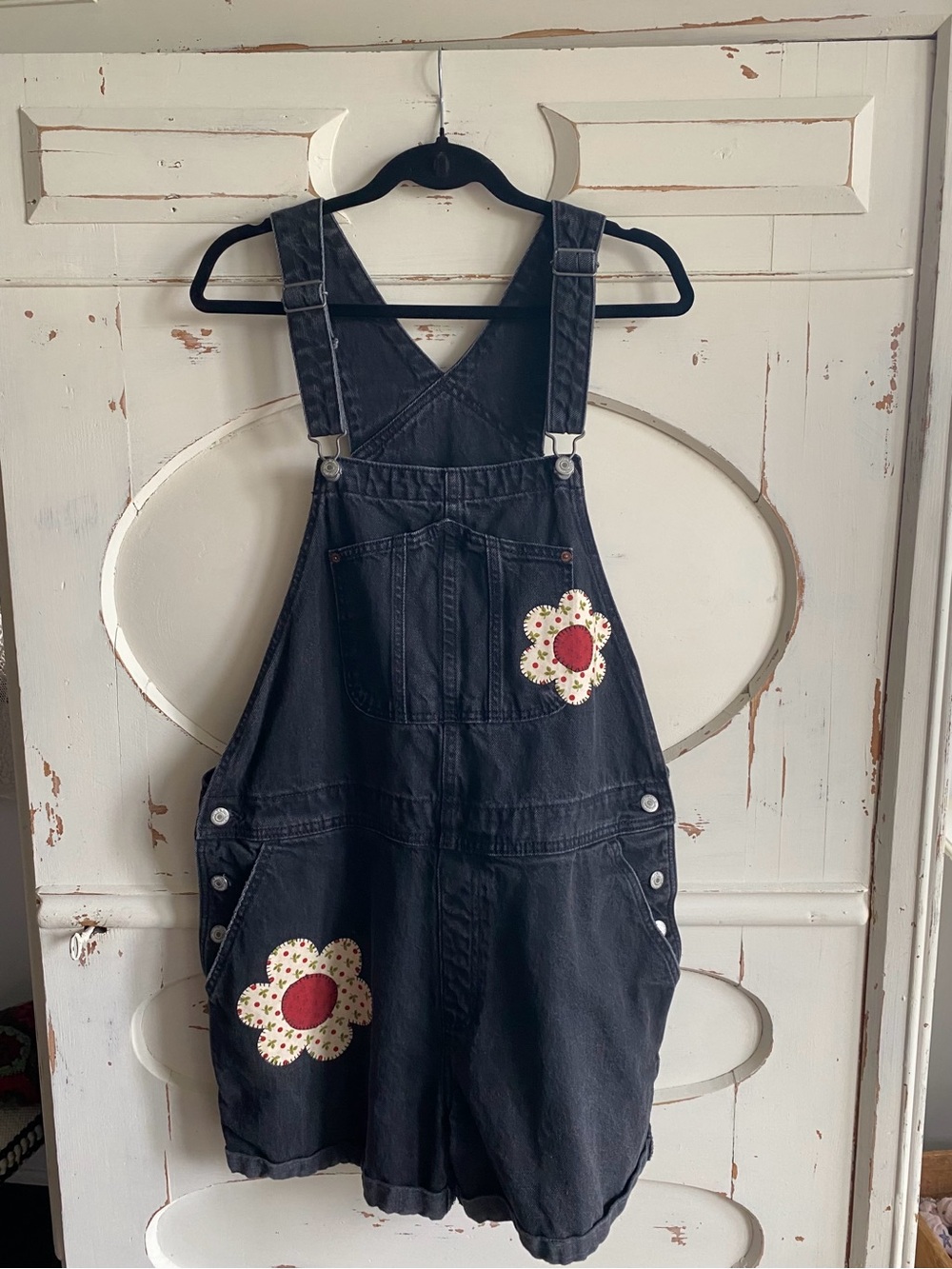 One of a kind upcycled black denim shortalls - Picture 3 of 13